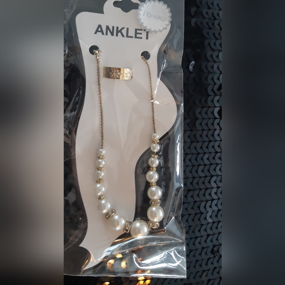Elegant Faux Pearl And Gold Plated Toe Ring Anklet With Rhinestone Accent Set